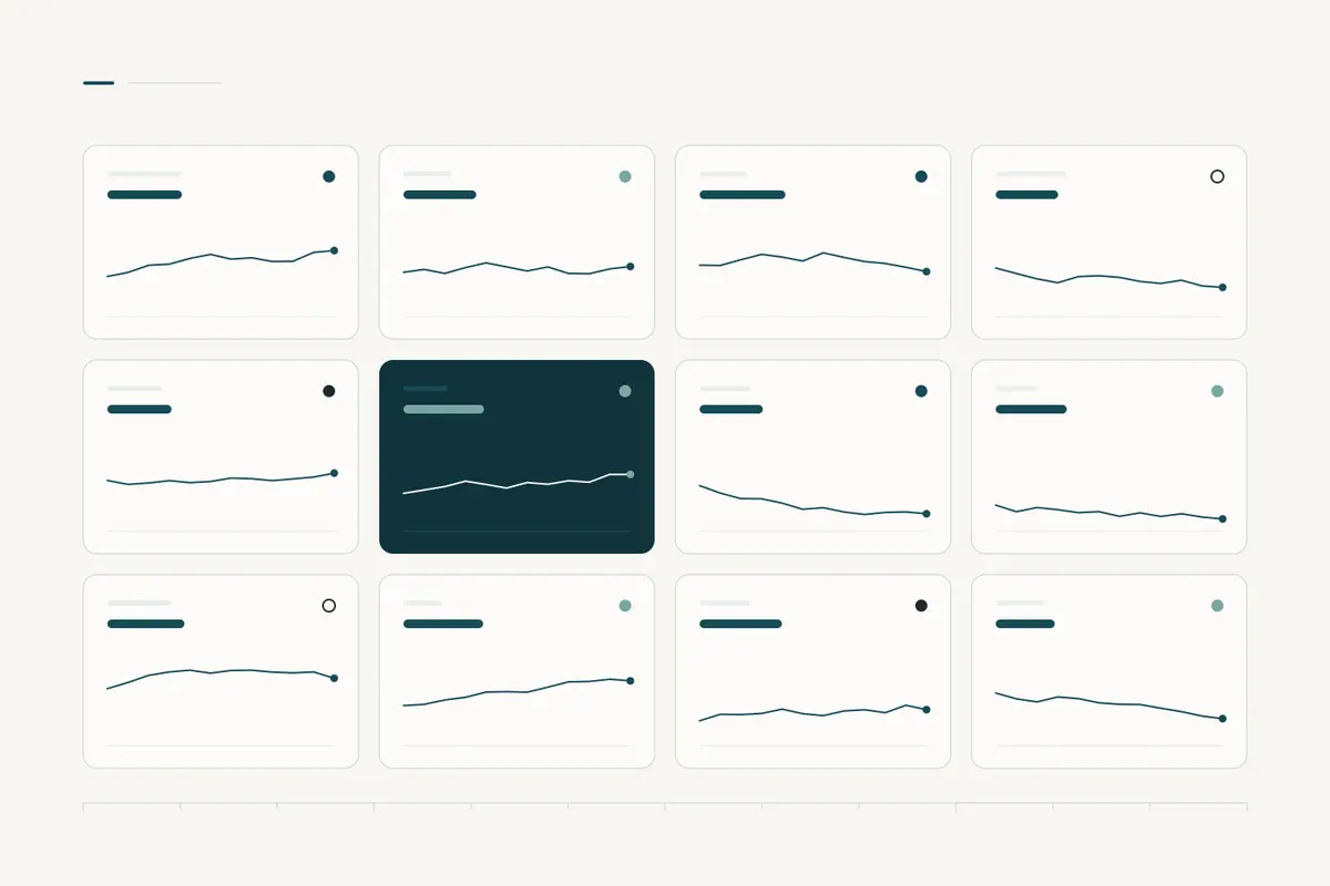 Twelve cards in a grid, each with a small trend line and a status dot, representing a one-page executive dashboard.