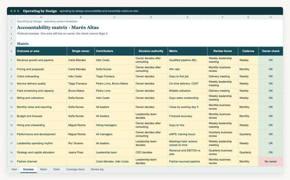 Screenshot of the Example sheet in the Excel template.