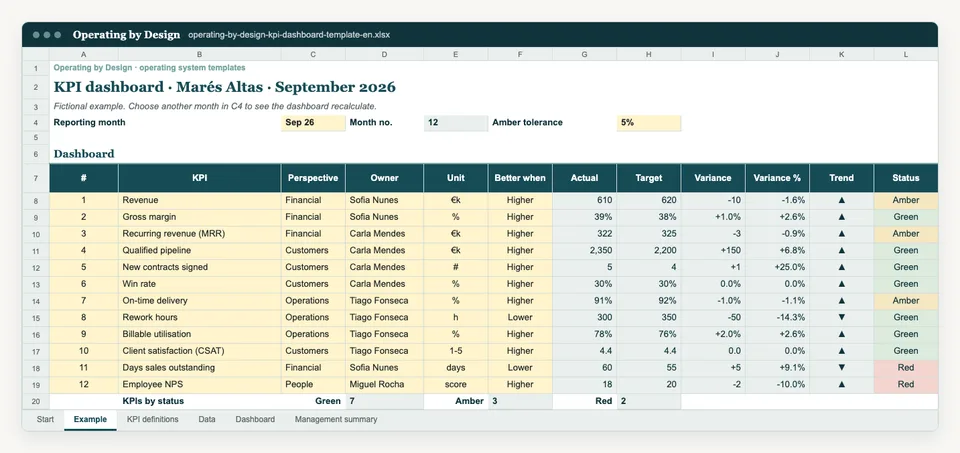 Screenshot of the Example sheet in the Excel template.