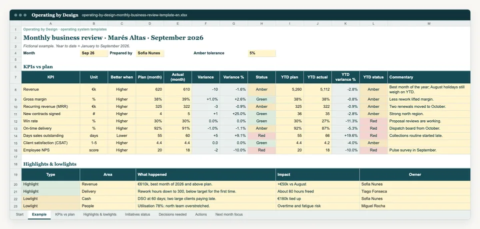 Screenshot of the Example sheet in the Excel template.