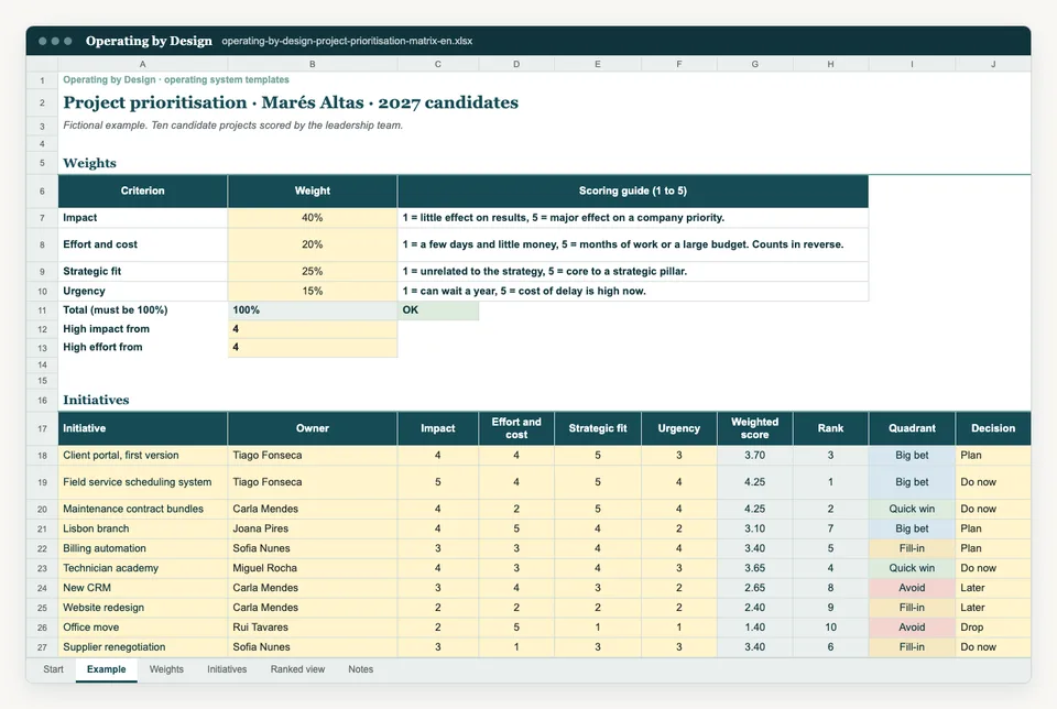 Screenshot of the Example sheet in the Excel template.
