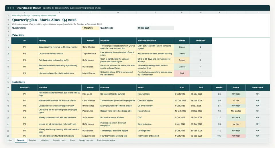 Screenshot of the Example sheet in the Excel template.