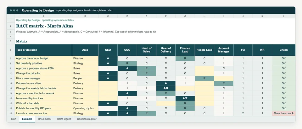 Screenshot of the Example sheet in the Excel template.
