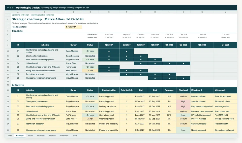 Screenshot of the Example sheet in the Excel template.